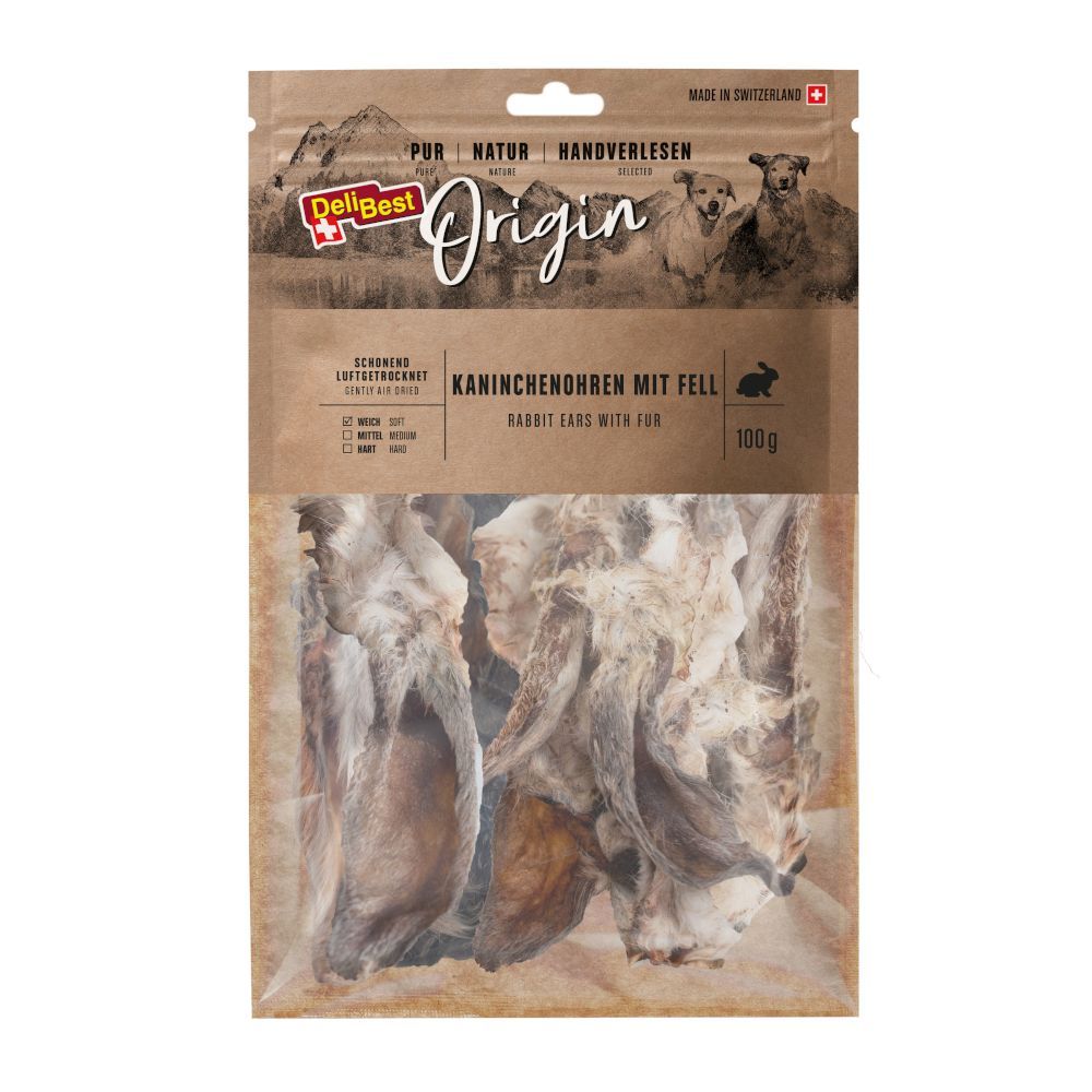 DeliBest Origin kaninöron med päls - 100 g