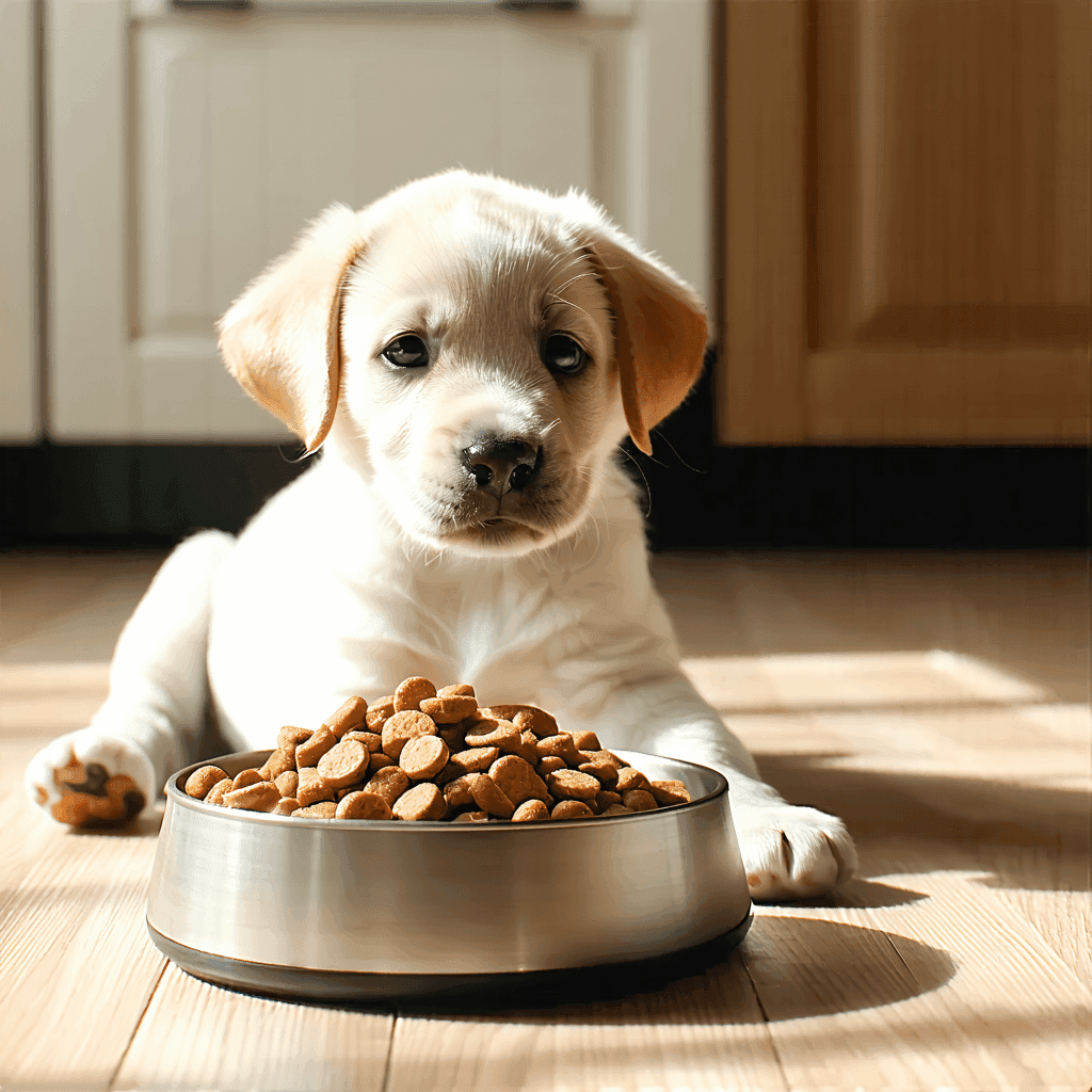 Labrador puppy sitting beside bowl of nutritious puppy food in sunny kitchen, showcasing healthy ingredients for growing dogs