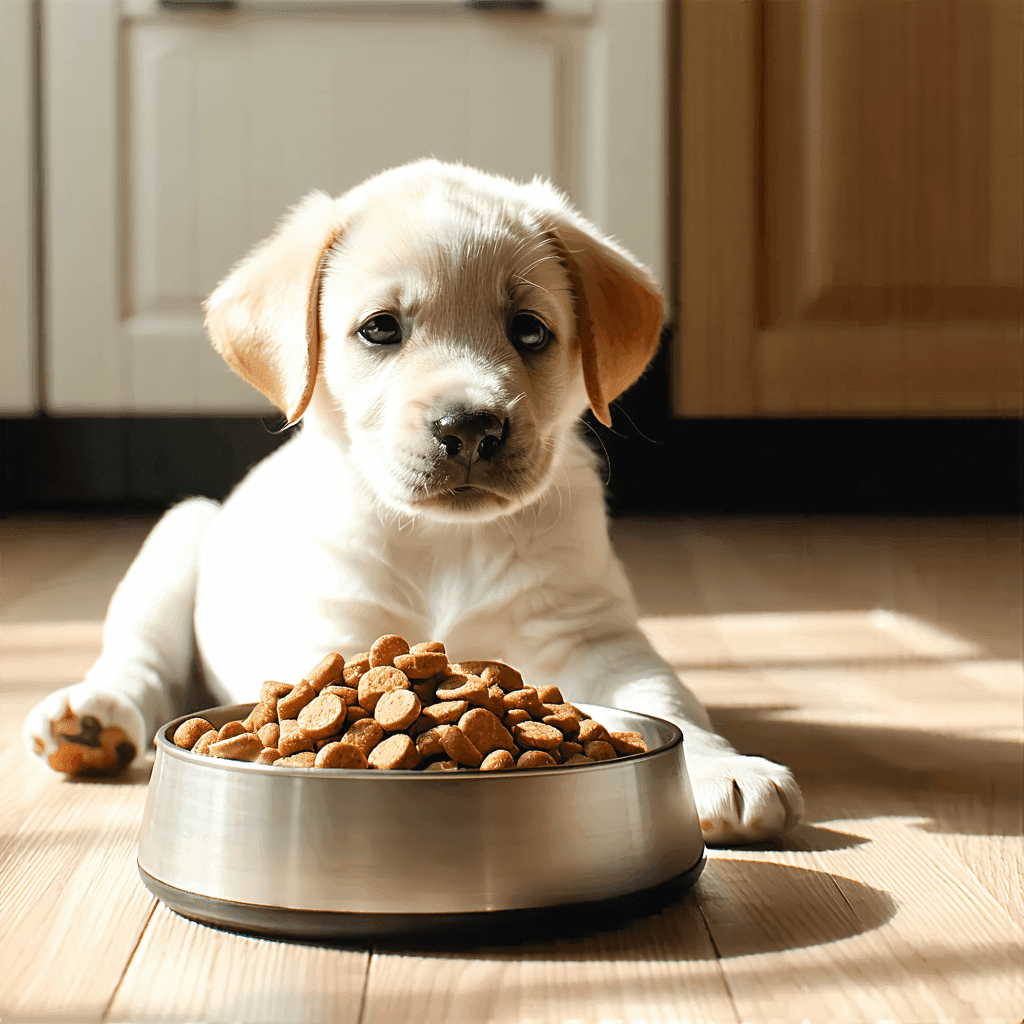 Labrador puppy sitting beside bowl of nutritious puppy food in sunny kitchen, showcasing healthy ingredients for growing dogs