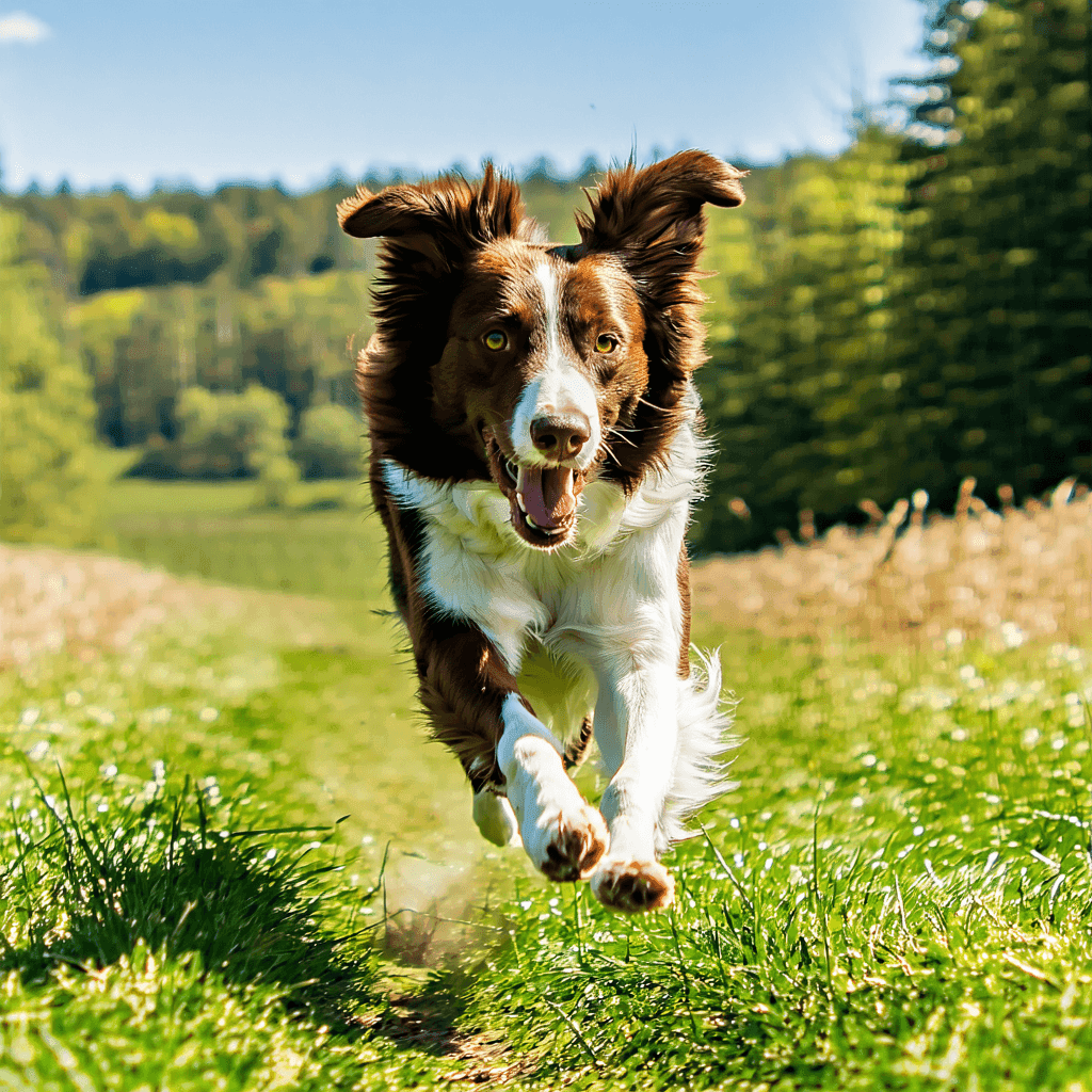 Energetic Border Collie running in field, showcasing vitality of active dogs fed with high-energy dog food
