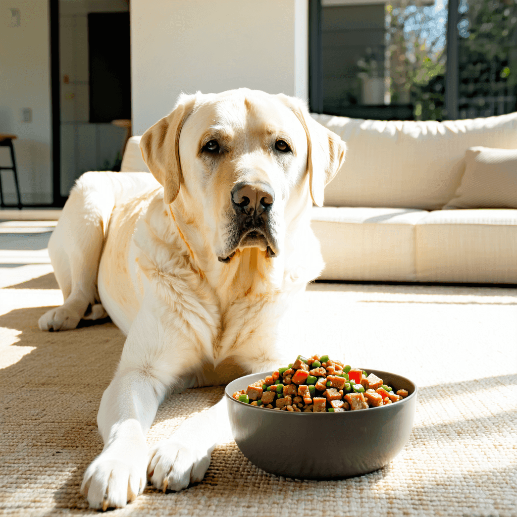 Senior Labrador enjoying nutritious dog food in cozy living room, emphasizing health and comfort for older pets