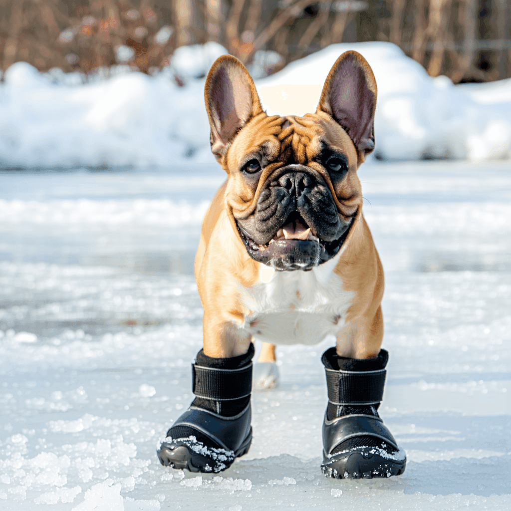 French Bulldog wearing protective paw boots standing on snowy icy ground for winter safety and traction
